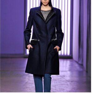 Rebecca Taylor Elegant Navy Double-Breasted Wool Coat w/ Black Leather Trim Sz 8